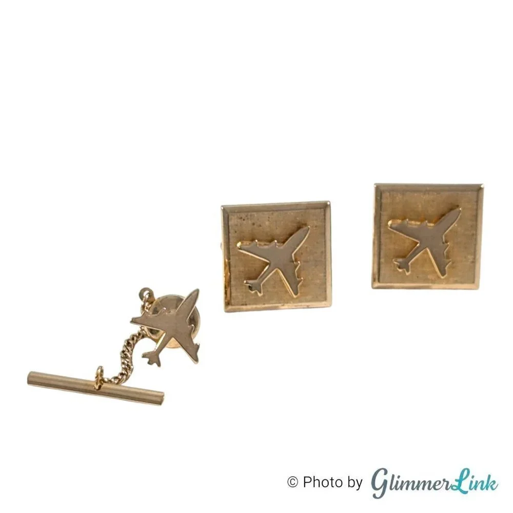 Vintage Swank Square Airplane Gold Tone Cufflinks & Tie Tack Set